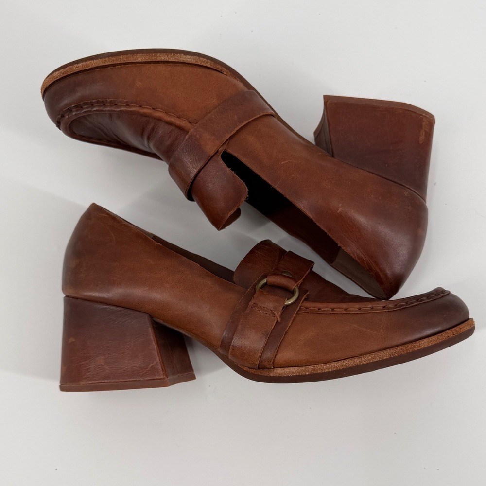 Kork-Ease Brown Leather Heeled Loafers Block Heel Ring Detail Pumps Womens 9.5 - Picture 6 of 10